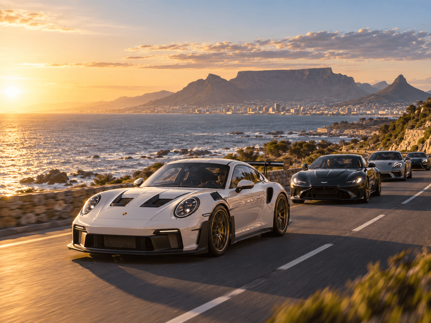 Illustrative image of a high-performance motorcade on a Cape Town coastal road, with Table Mountain in the distance.